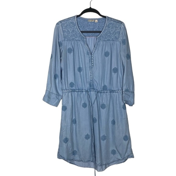 Holding horses, feather embroidered lyocell chambray dress - Picture 1 of 8